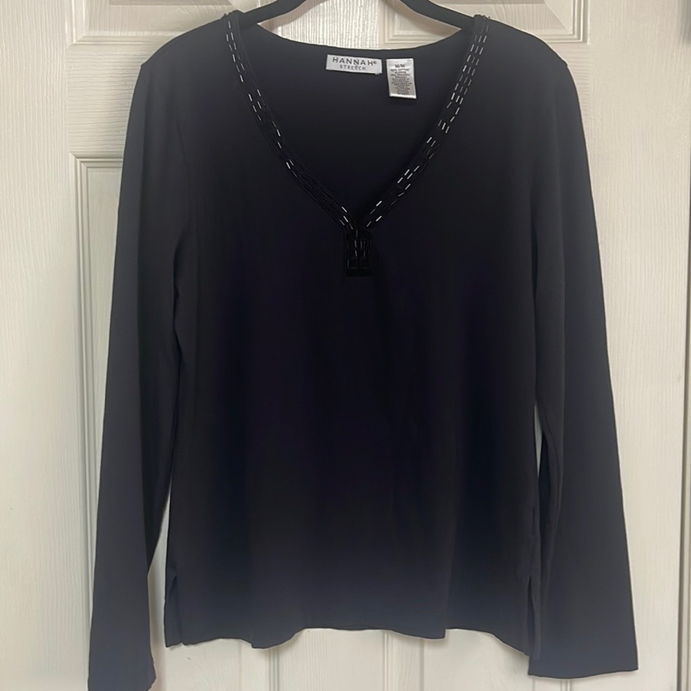 HANNAH stretch size medium long sleeve top. Black. Beads along the neckline